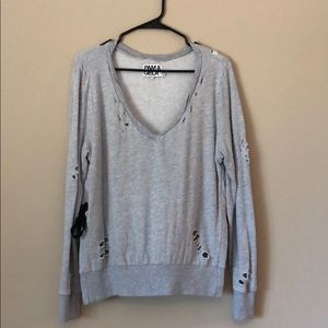 Pam & Gela Light Heather Gray Distressed V-Neck Pullover